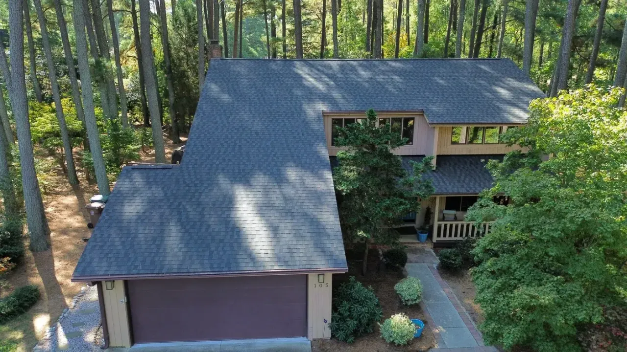 Completed roof replacement with Appalachian Sky GAF Timberline HDZ shingles on Abernathy Ct in Cary, NC