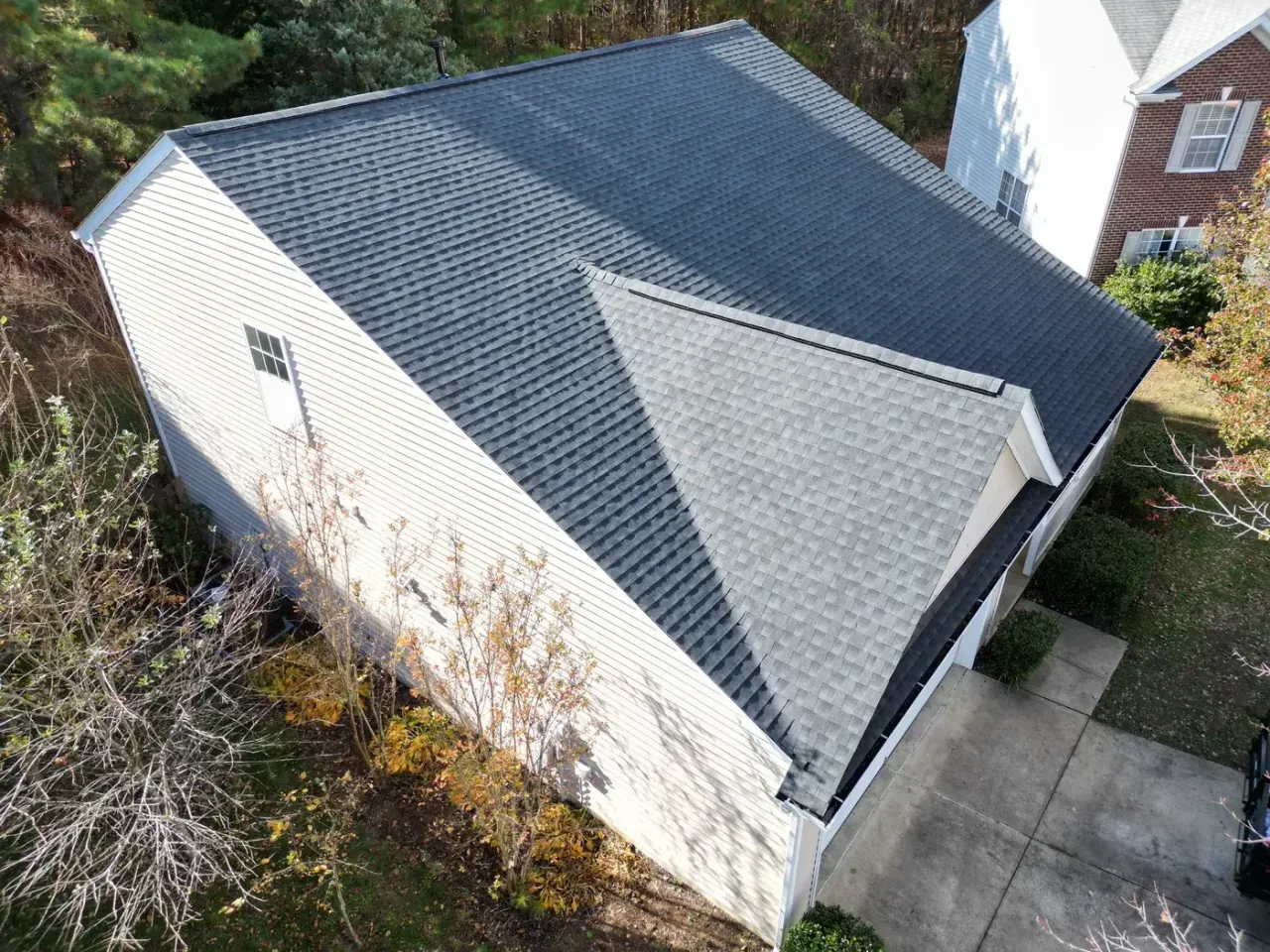 Completed roof replacement with Charcoal GAF Timberline HDZ shingles on Ashe Ridge Ln in Durham, NC