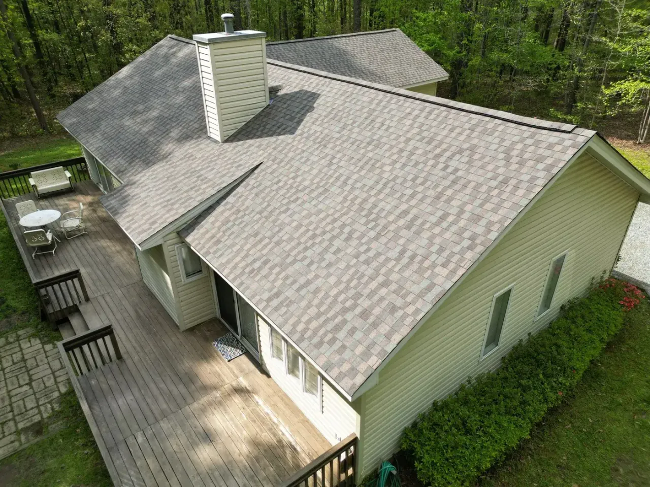 Completed roof replacement with Cedar Falls GAF Timberline HDZ shingles on Beaver Dam Rd in Chapel Hill, NC