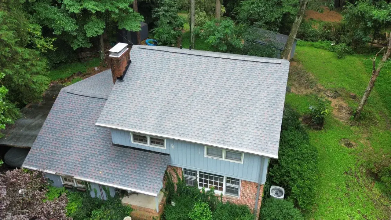 Completed roof replacement with Williamsburg Slate GAF Timberline HDZ shingles on Brandywine Rd in Chapel Hill, NC