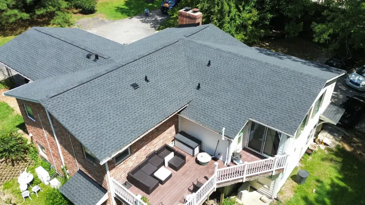 Completed roof replacement with Charcoal GAF Timberline HDZ shingles on Campbell Rd in Raleigh, NC
