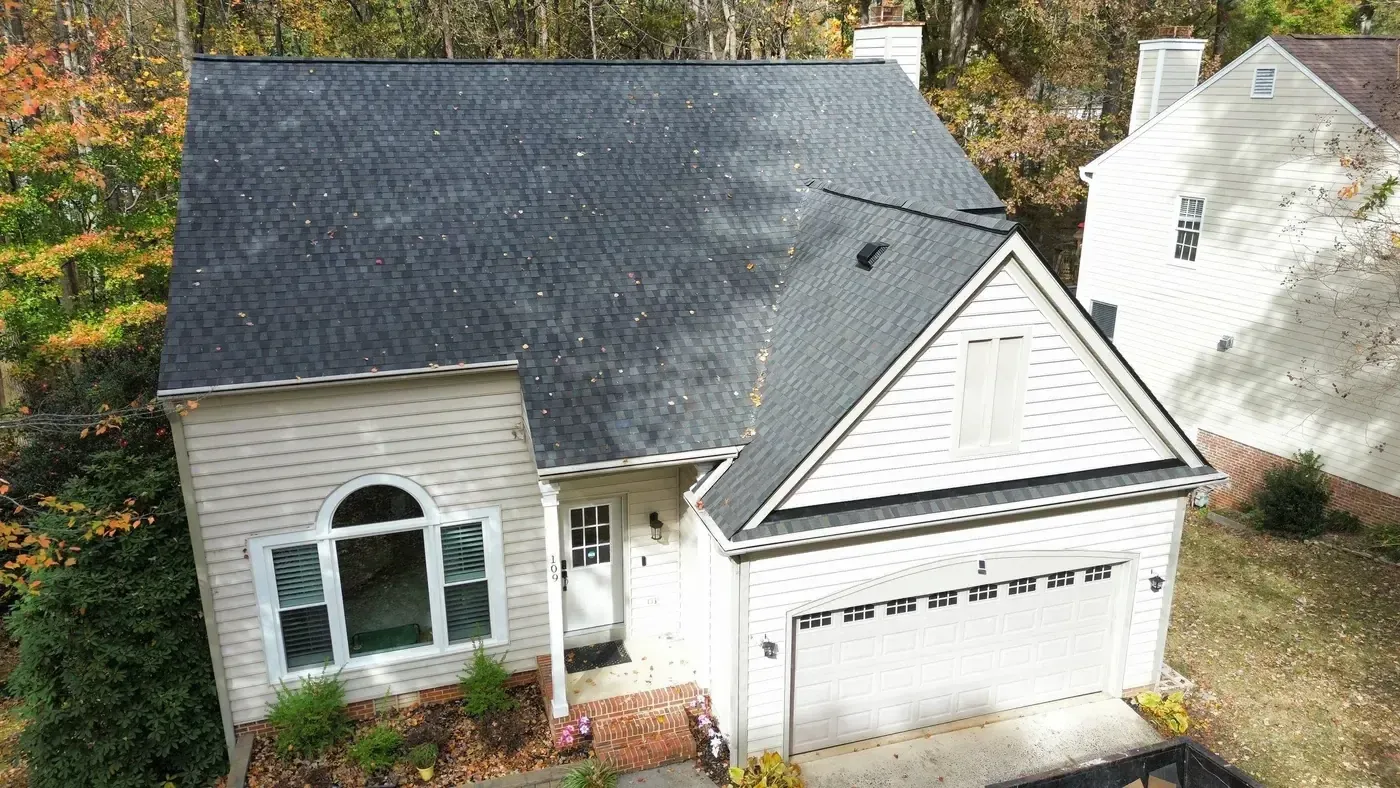 Completed GAF Timberline HDZ Appalachian Sky roof replacement at Catherwood Pl, Cary NC