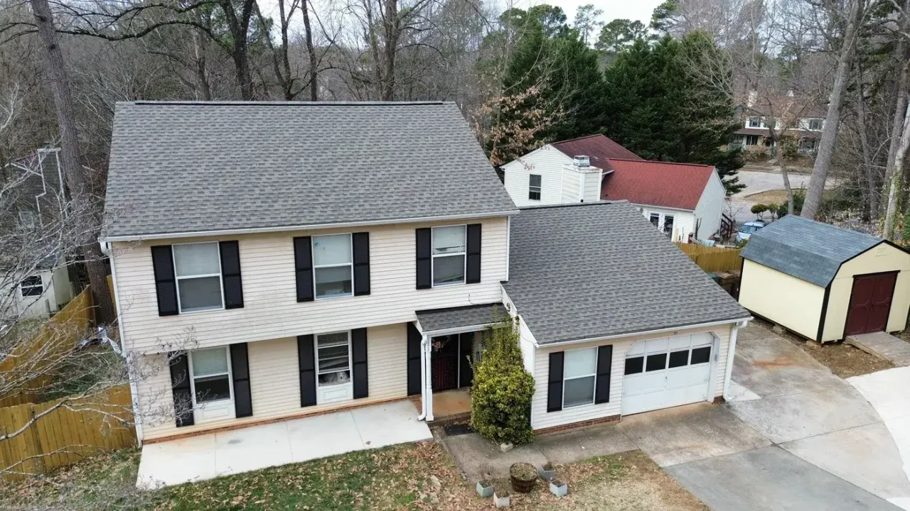 Completed roof replacement with Weathered Wood GAF Timberline HDZ shingles on Chevis Dr in Cary, NC