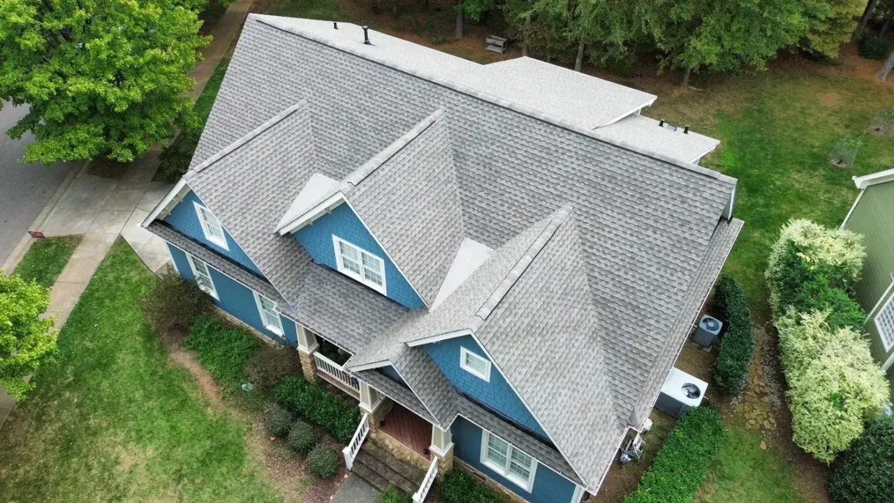 Completed roof replacement with Weathered Wood GAF Timberline Ultra HDZ shingles on Chrismill Ln in Holly Springs, NC