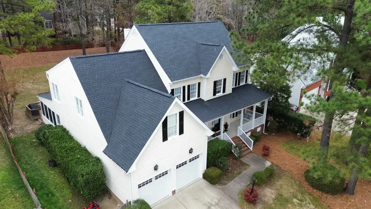 Completed roof replacement with Charcoal GAF Timberline HDZ shingles on Council Gap in Cary, NC