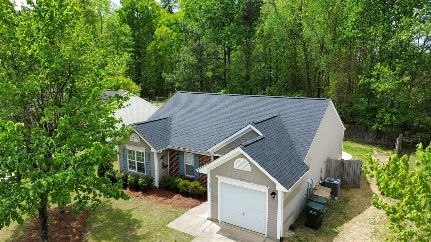 Aerial view of a completed roof inspection and replacement project on Day Flower Dr in Clayton, NC