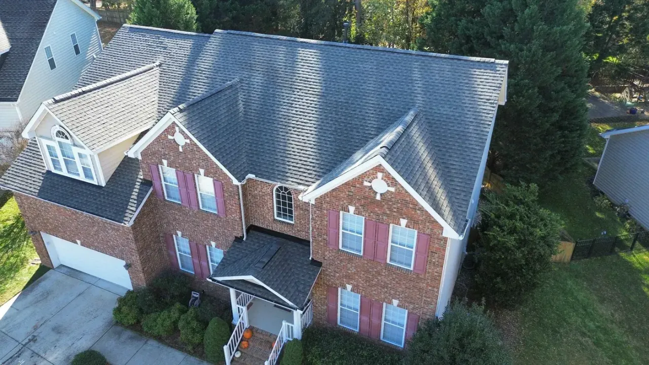 Completed roof replacement with Weathered Wood GAF Timberline HDZ shingles on Debmoor Place in Raleigh, NC
