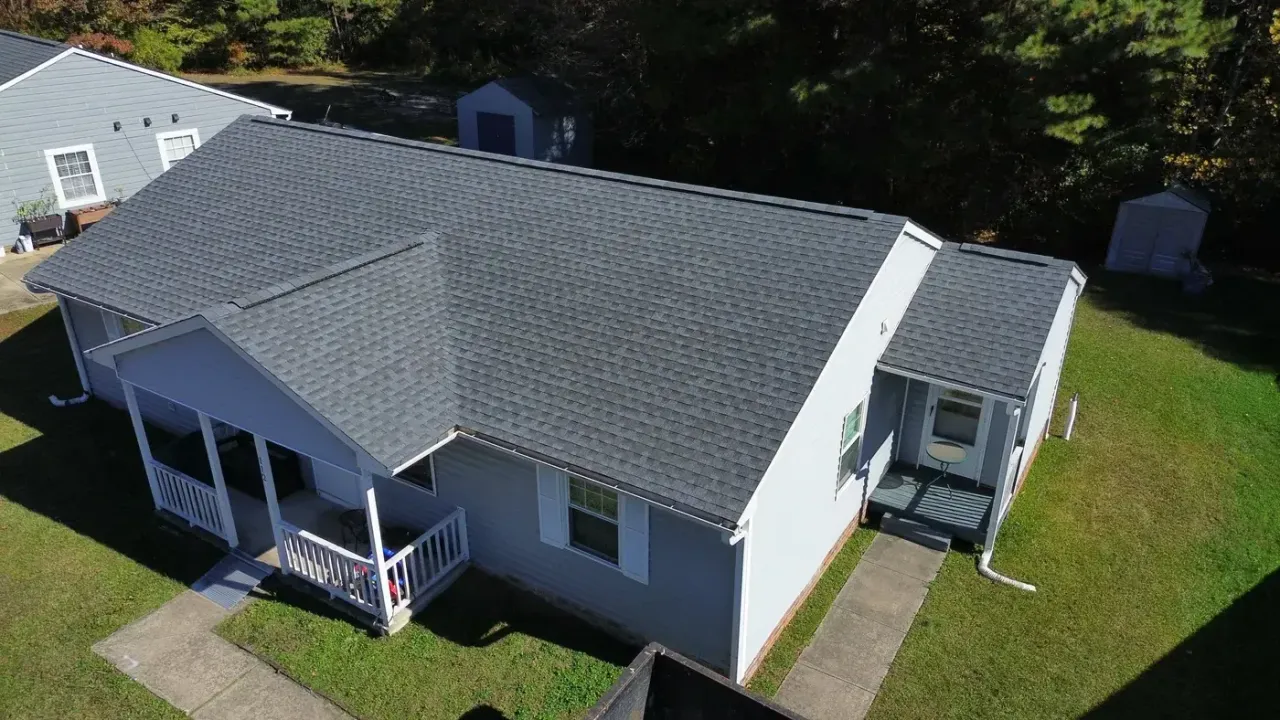 Completed roof replacement with Pewter Gray GAF Timberline HDZ shingles on Deep Forest Dr in Durham, NC