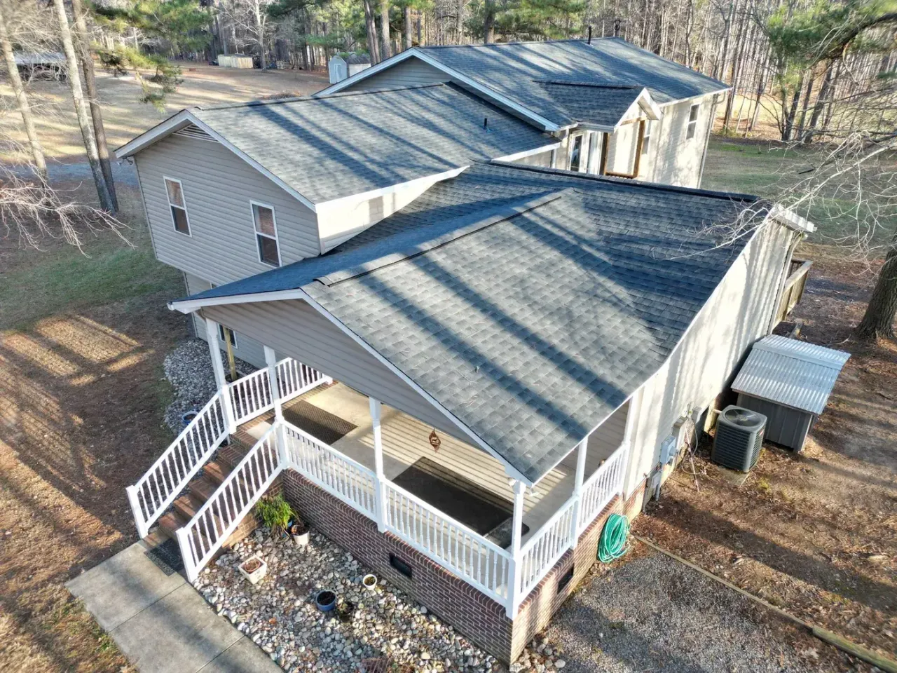 Completed roof replacement with Charcoal GAF Timberline HDZ shingles on Deep River Rd in Sanford, NC
