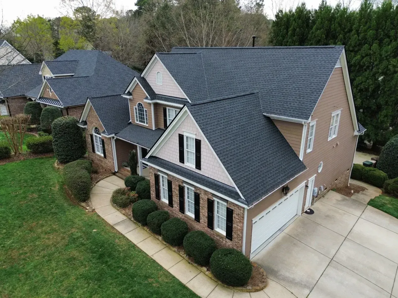 Completed roof replacement with Charcoal GAF Timberline HDZ shingles on Heather Bluffs Dr in Garner, NC