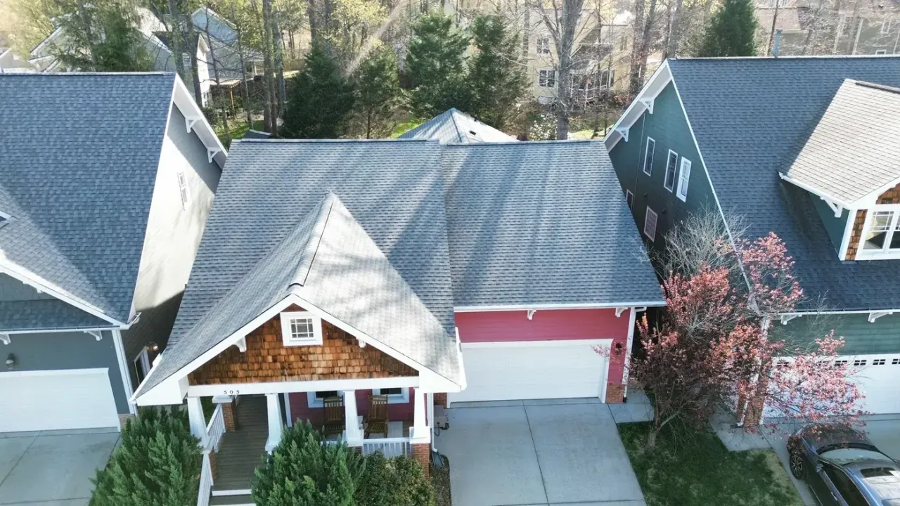 Completed roof replacement with Williamsburg Slate GAF Timberline HDZ shingles on Homegate Cir in Apex, NC