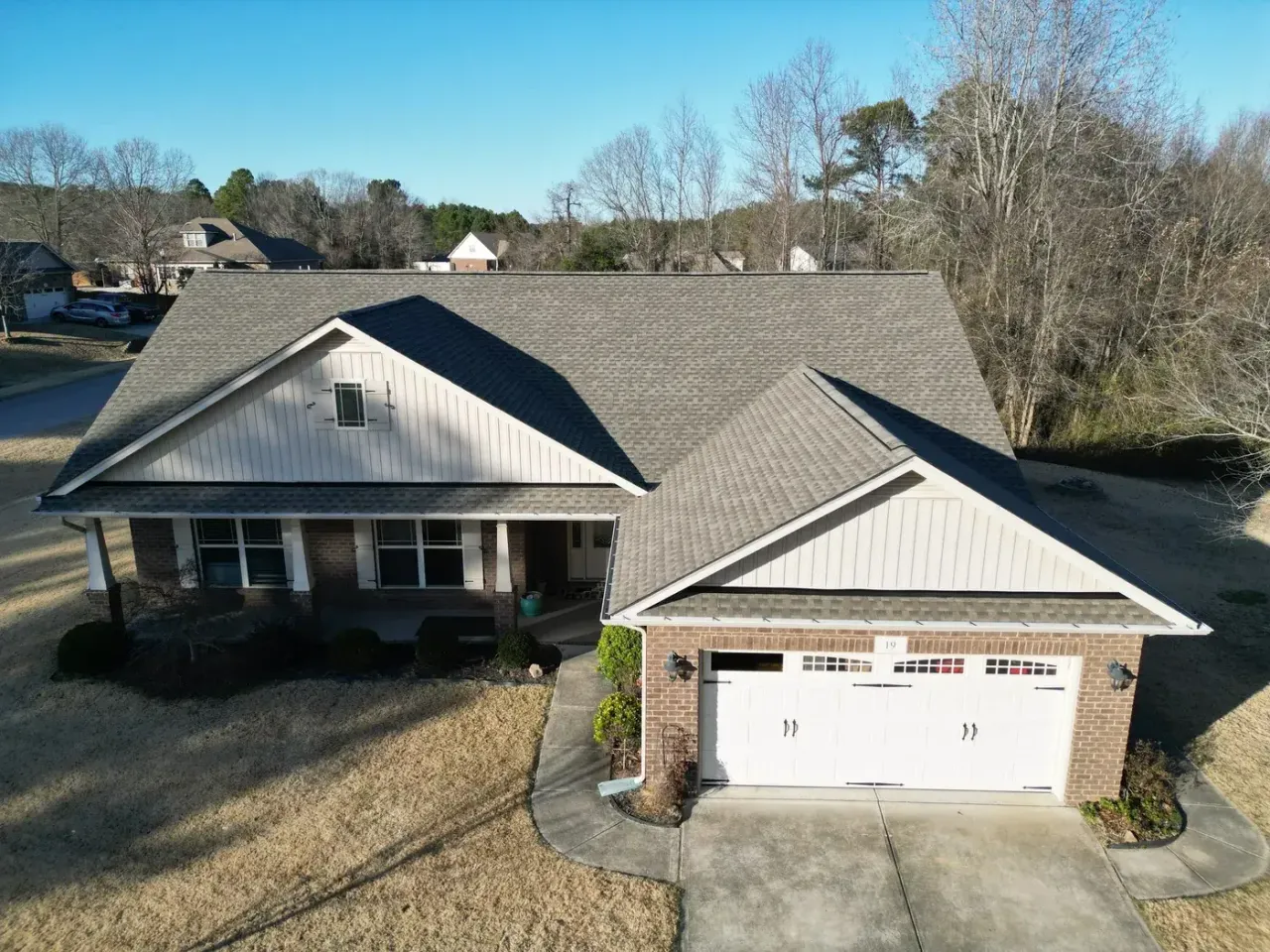 Completed roof replacement with Weathered Wood GAF Timberline HDZ shingles on Lake Refugee Ct in Angier, NC