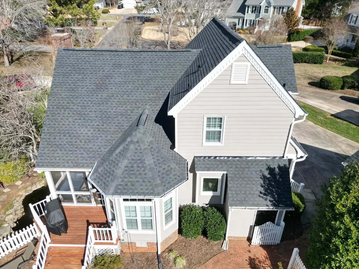 Completed roof replacement on a Garner home on Lanercost Ct with new GAF Timberline HDZ Charcoal architectural shingles