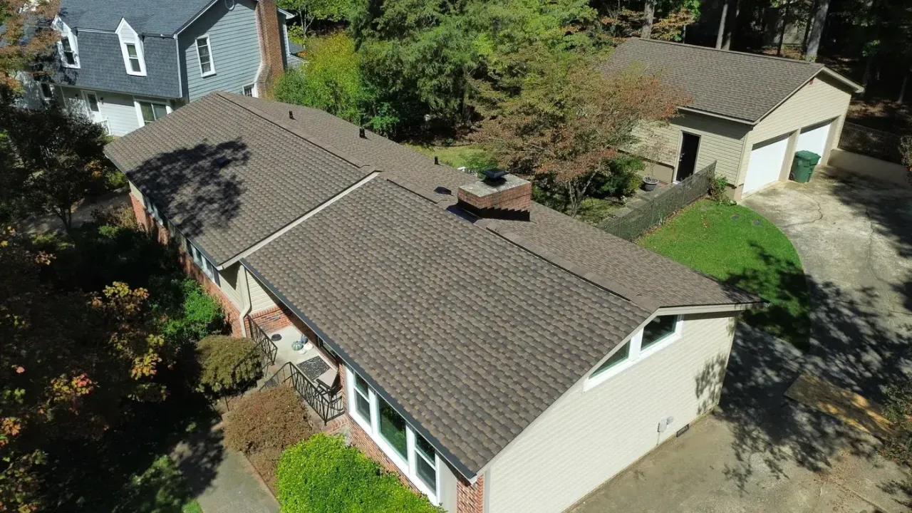 Completed roof replacement with Barkwood GAF Timberline Ultra HDZ shingles on Larkhall Ct in Cary, NC