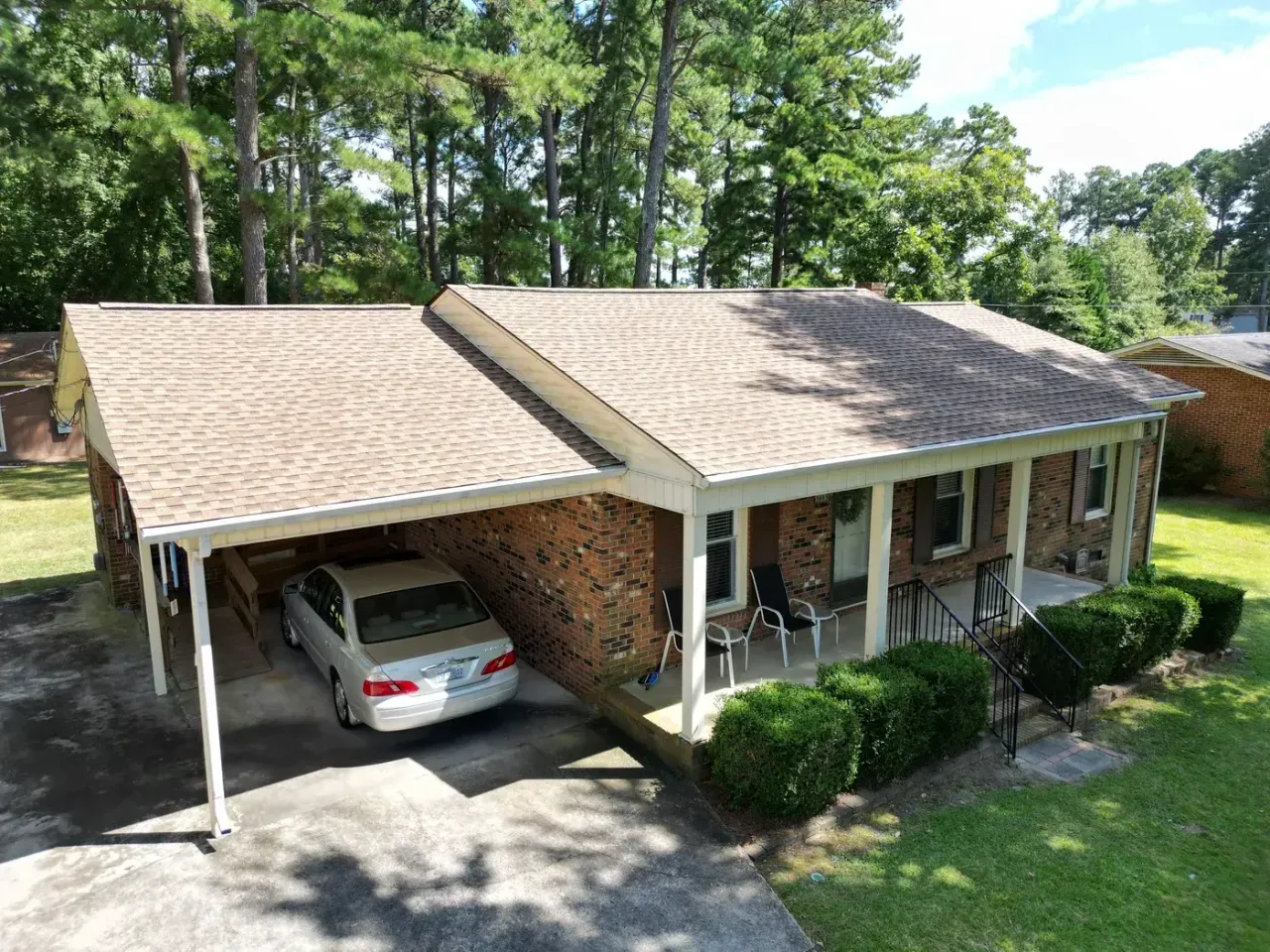 Completed roof replacement with Shakewood GAF Timberline HDZ shingles on Lemon Springs Rd in Sanford, NC