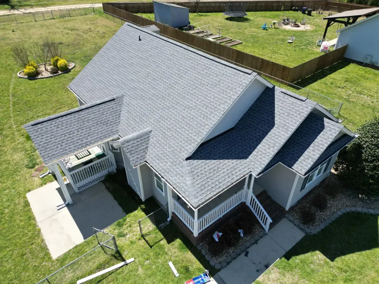 Completed roof replacement with Oyster Grey GAF Timberline HDZ shingles on Letcher Ln in Lillington, NC