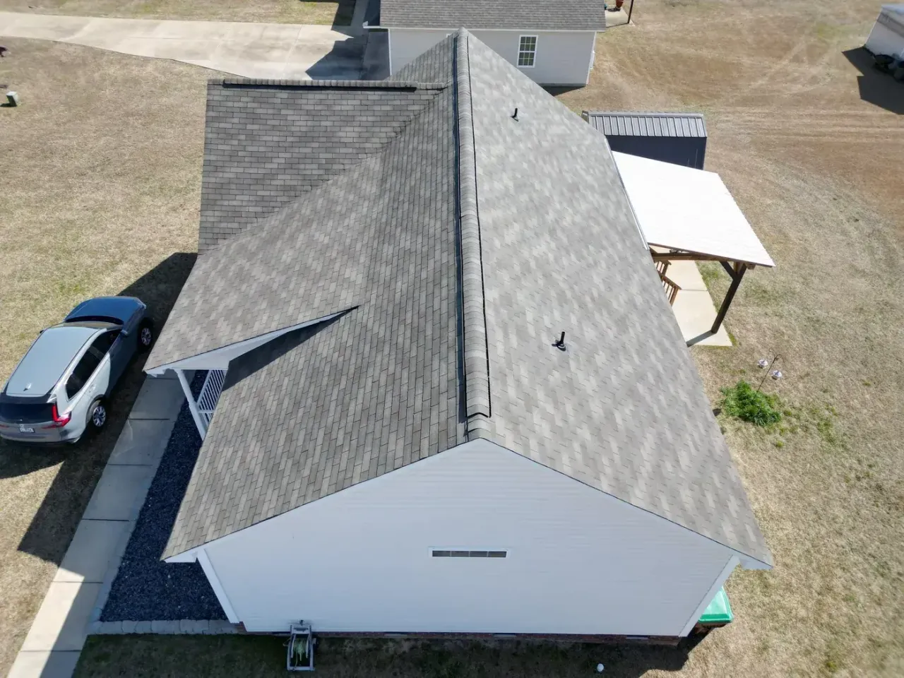 Completed roof replacement with Weathered Wood CertainTeed XT25 shingles on Letcher Ln in Lillington, NC