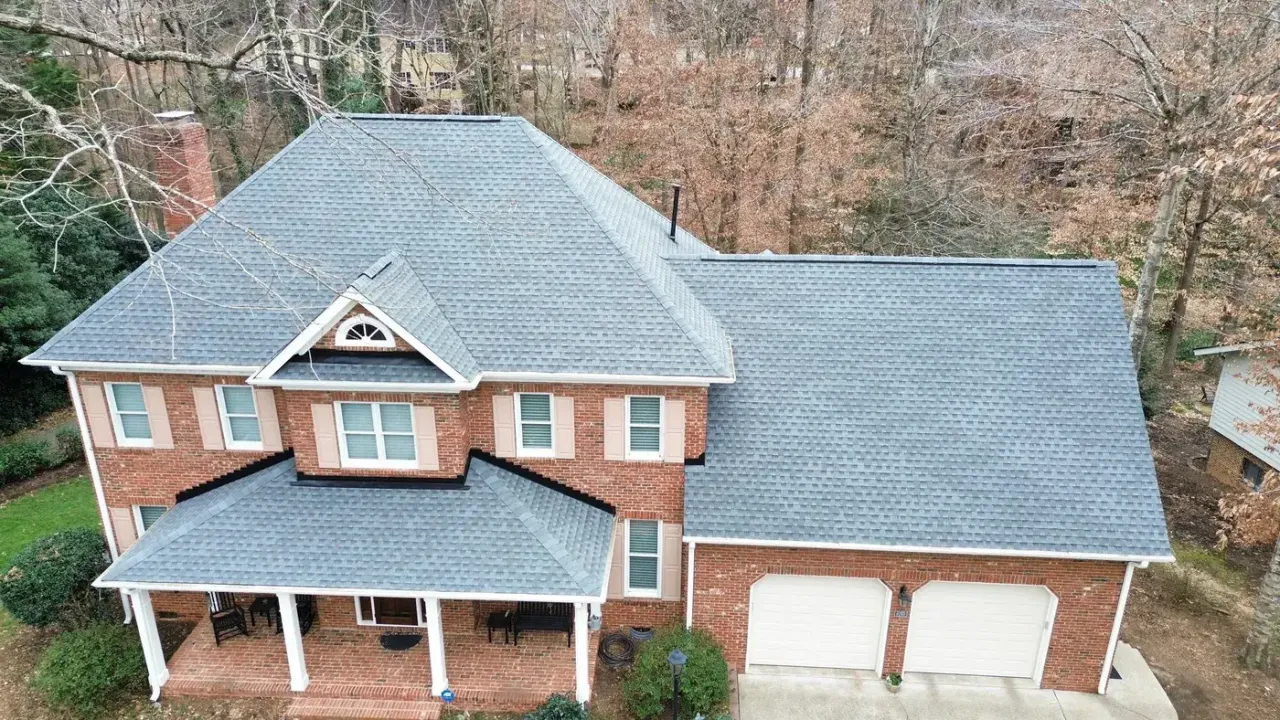 Completed roof replacement with Pewter Gray GAF Timberline HDZ shingles on Lochside Dr in Cary, NC