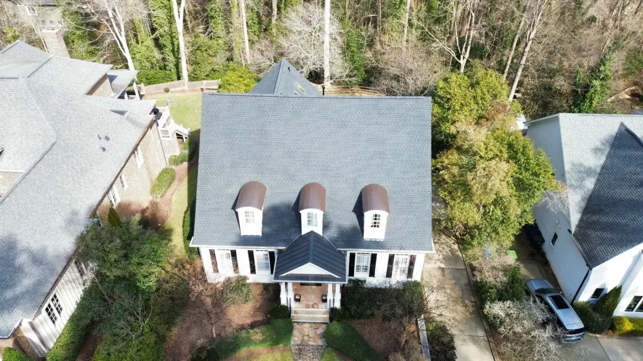Completed roof replacement with Charcoal GAF Timberline HDZ shingles on Manning Pl in Raleigh, NC