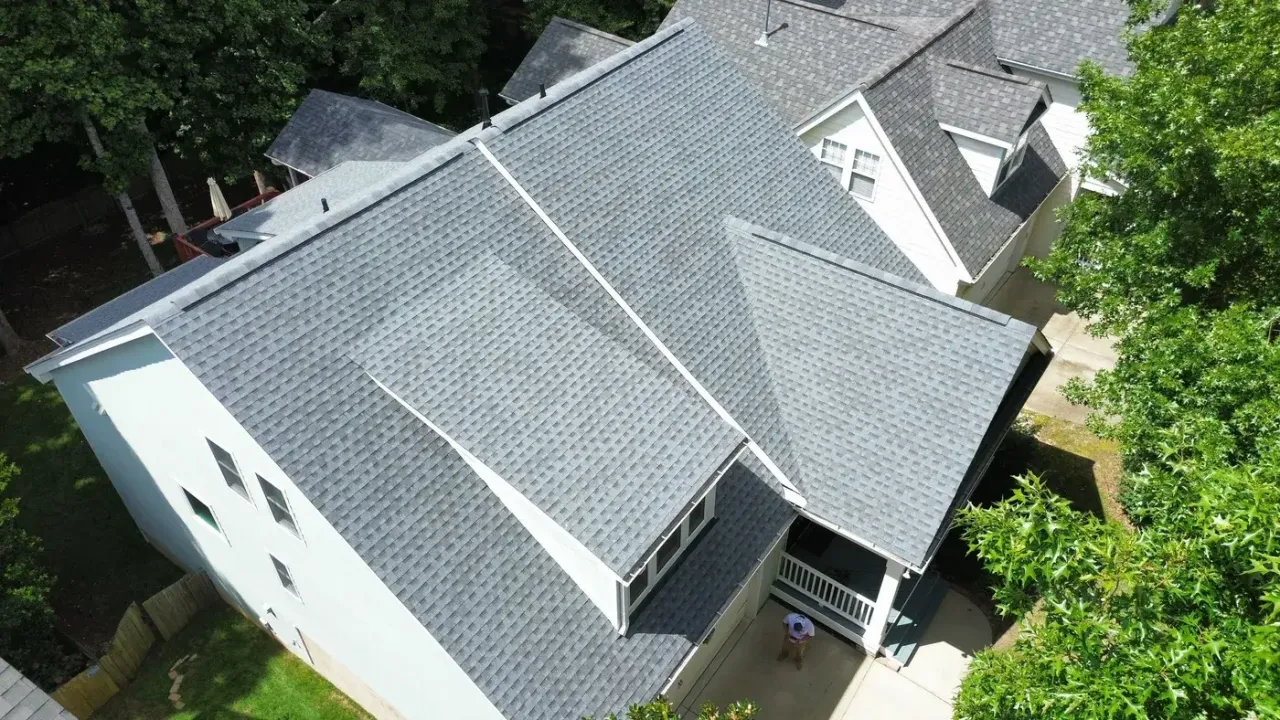 Completed roof replacement with Pewter Gray GAF Timberline HDZ shingles on Marsh Landing Dr in Holly Springs, NC