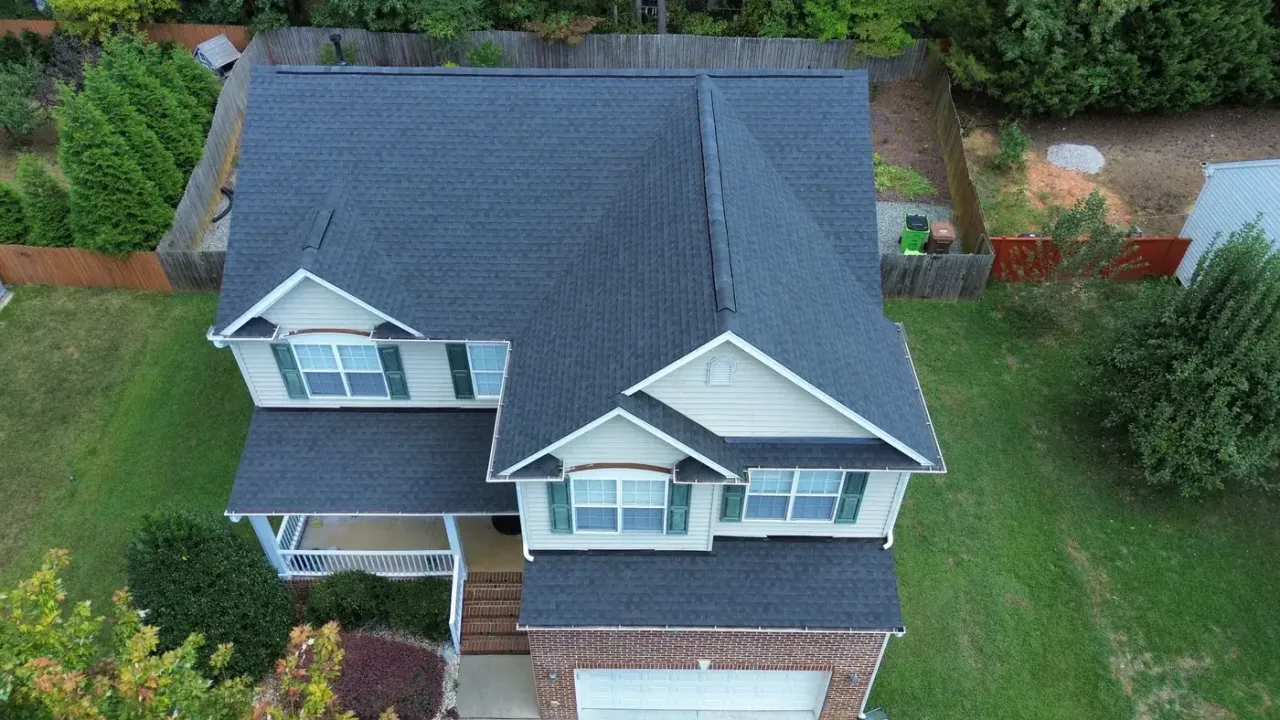Completed roof replacement with Charcoal GAF Timberline HDZ shingles on McKenzie Meadow Ln in Apex, NC