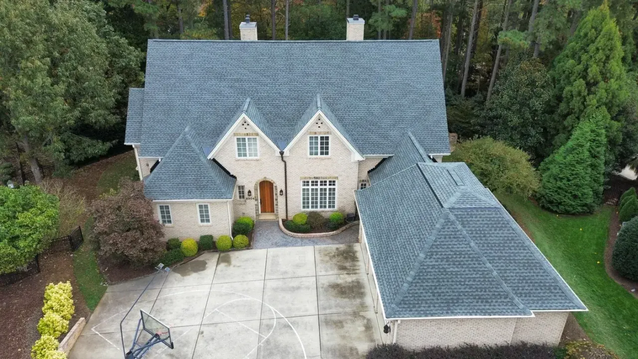Completed roof replacement with Slate GAF Timberline Ultra HDZ shingles on Mildenhall Ct in Raleigh, NC