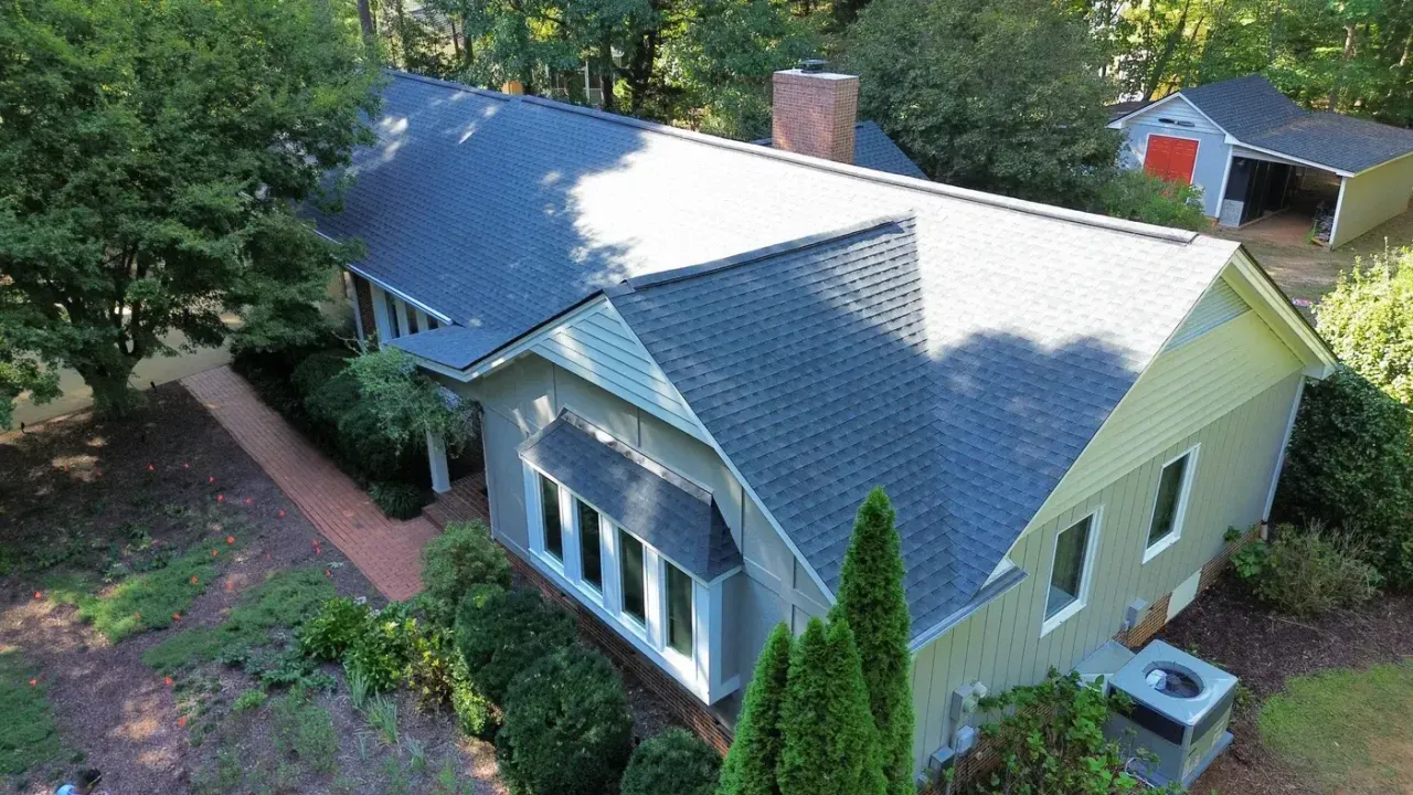 Completed roof replacement with Charcoal GAF Timberline HDZ shingles on Mountainbrook Rd in Apex, NC