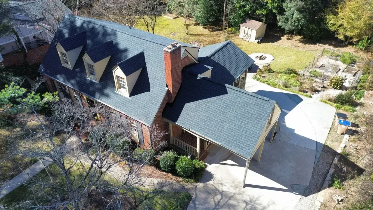 Completed roof replacement with Charcoal GAF Timberline HDZ shingles on N Main St in Wake Forest, NC