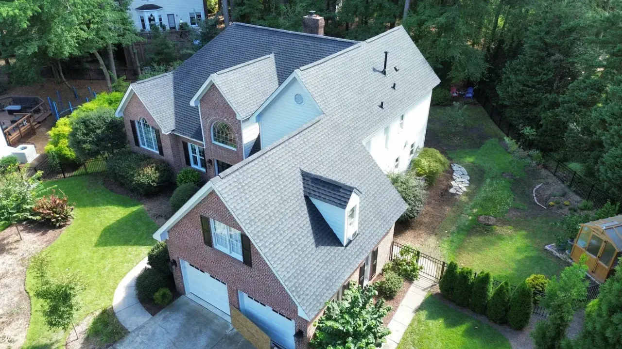 Completed roof replacement with Charcoal GAF Timberline Ultra HDZ shingles on Northstar Ct in Cary, NC