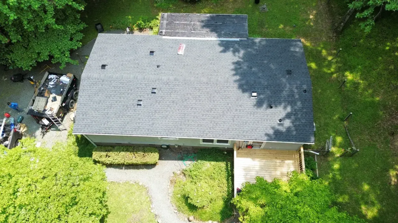 Completed roof replacement with Charcoal GAF Timberline Natural Shadow shingles on Old Hickory Ln in Hillsborough, NC