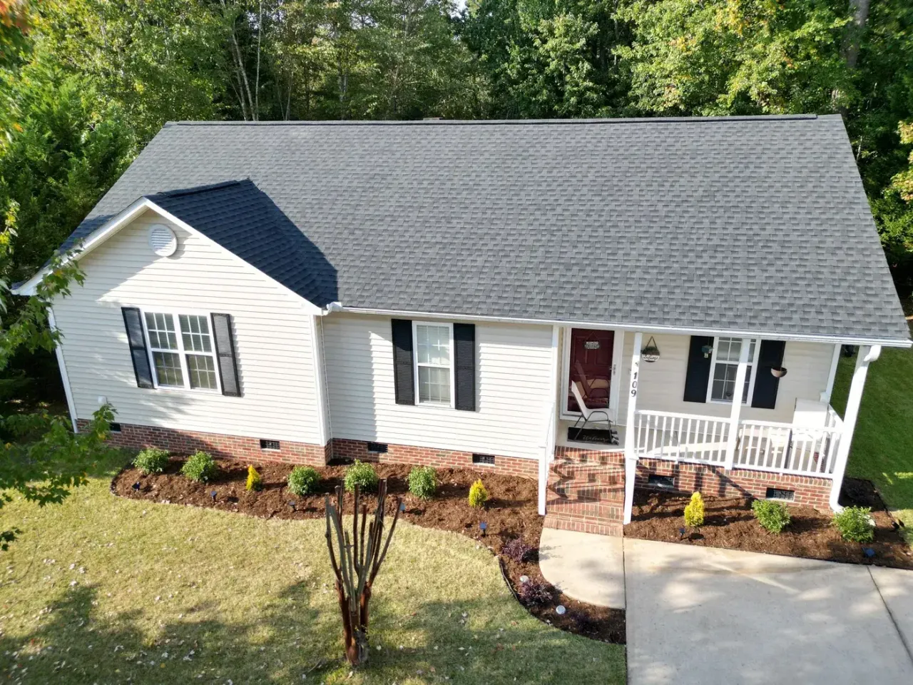 Completed roof replacement with Charcoal GAF Timberline HDZ shingles on Quiet Refuge Ln in Garner, NC