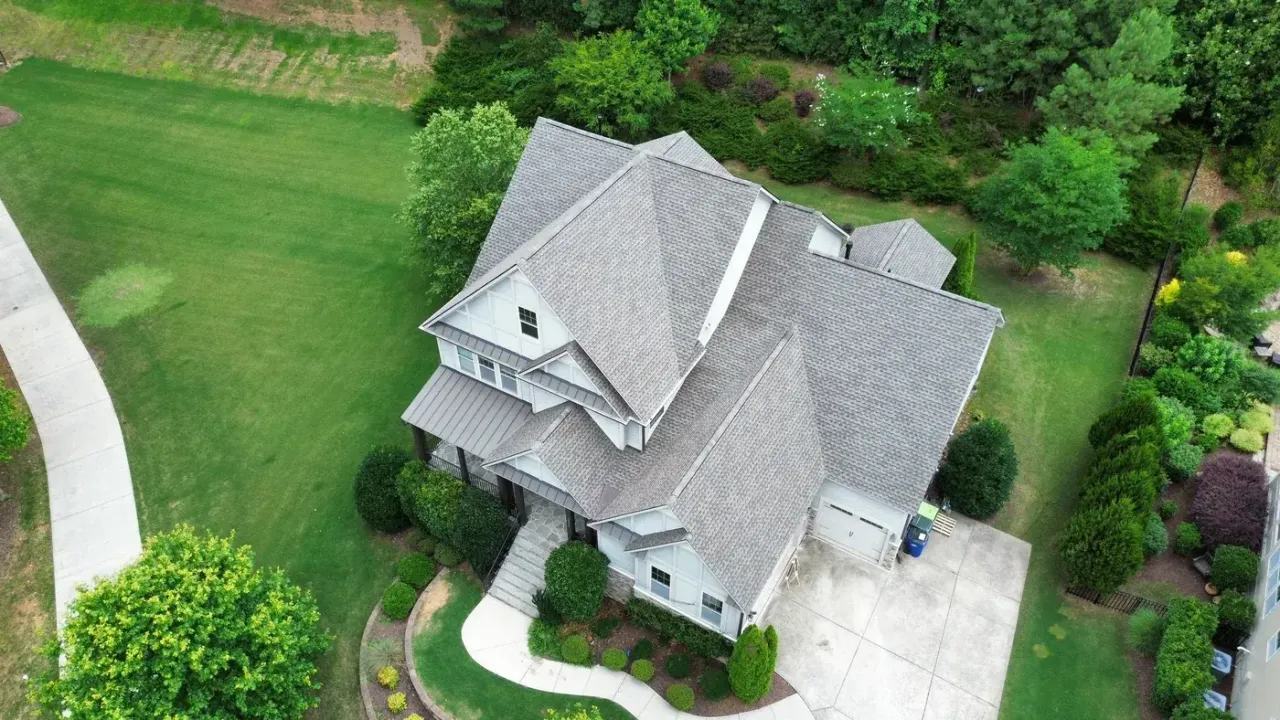 Completed roof replacement with Weathered Wood GAF Timberline Ultra HDZ shingles on Roller Mill Ct in Raleigh, NC