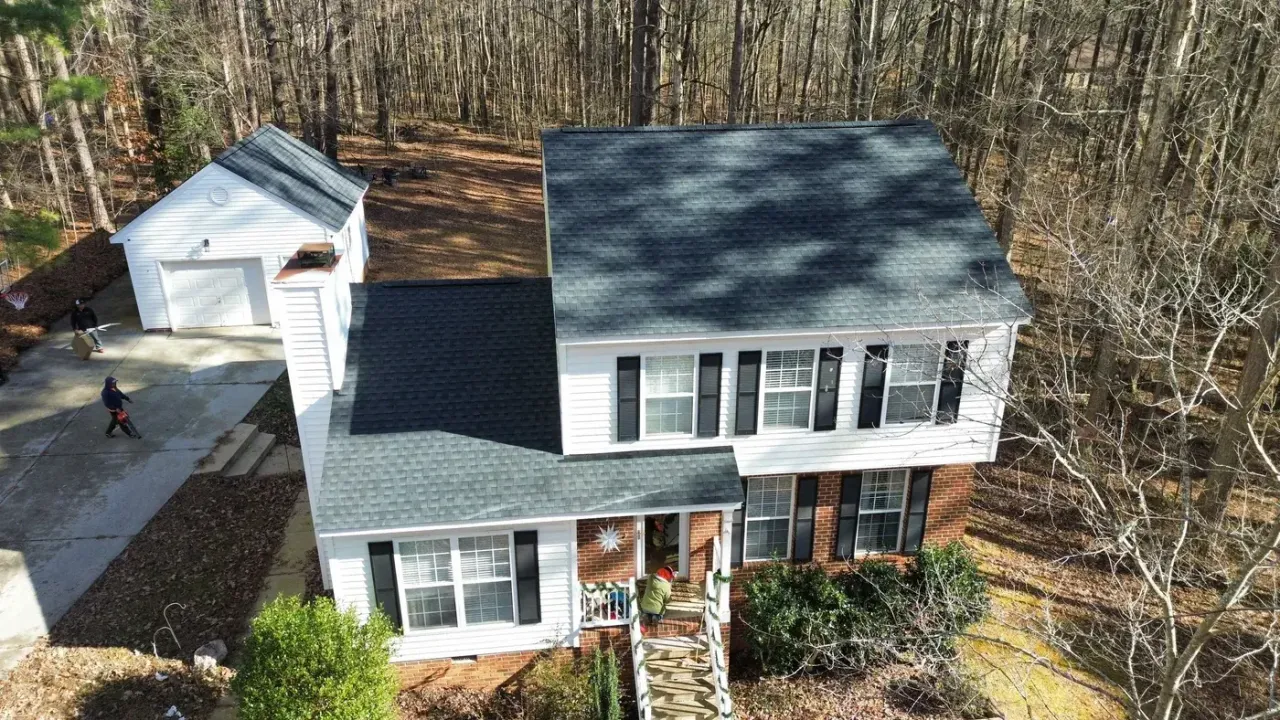 Completed roof replacement with Charcoal GAF Timberline HDZ shingles on Roseanne Dr in Wake Forest, NC