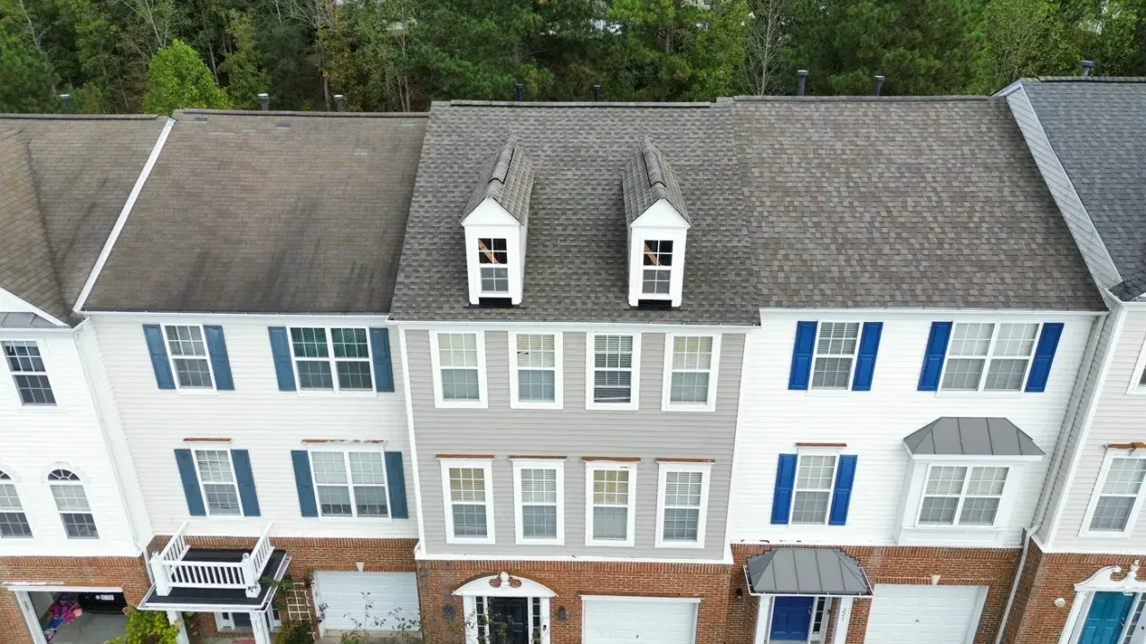 Completed roof replacement with Weathered Wood GAF Timberline HDZ shingles on Ruby Walk Dr in Cary, NC