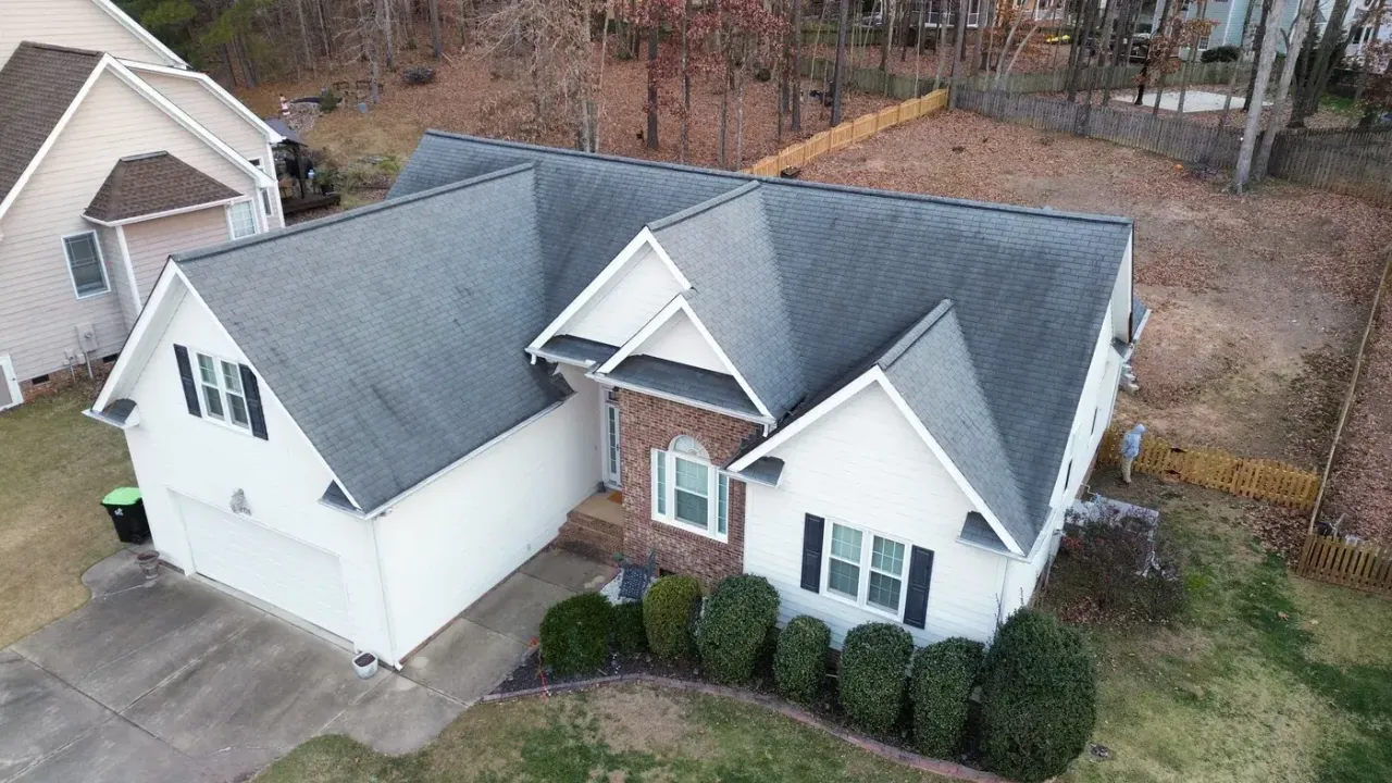 Roof on Saranac Ridge Dr in Holly Springs, NC before the roof replacement