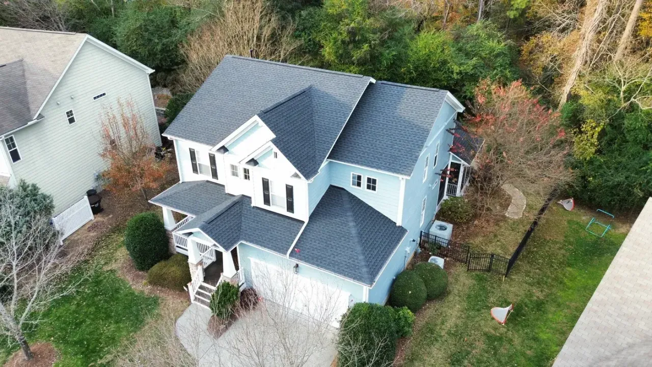 Completed roof replacement with Charcoal GAF Timberline HDZ shingles on Silverbush Ct in Durham, NC