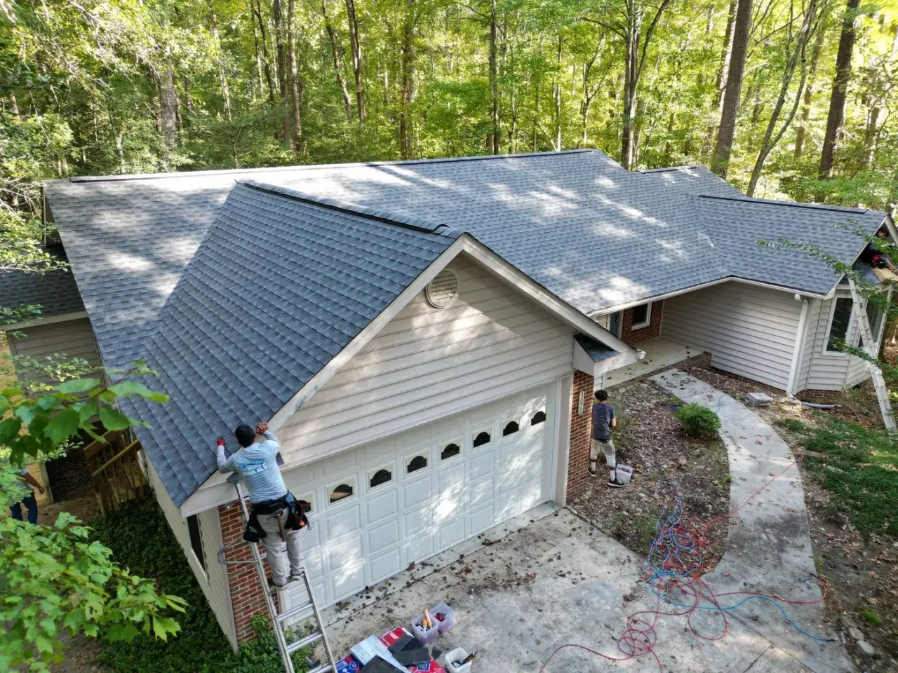 Completed roof replacement with Pewter Gray GAF Timberline HDZ shingles on Still Turn in Sanford, NC