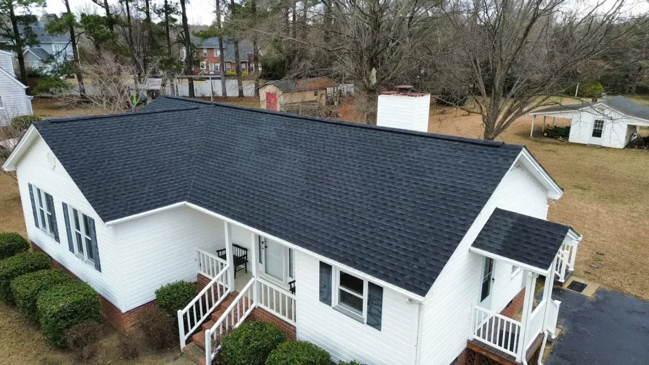 Completed roof replacement with Charcoal GAF Timberline HDZ shingles on Ten Ten Rd in Apex, NC