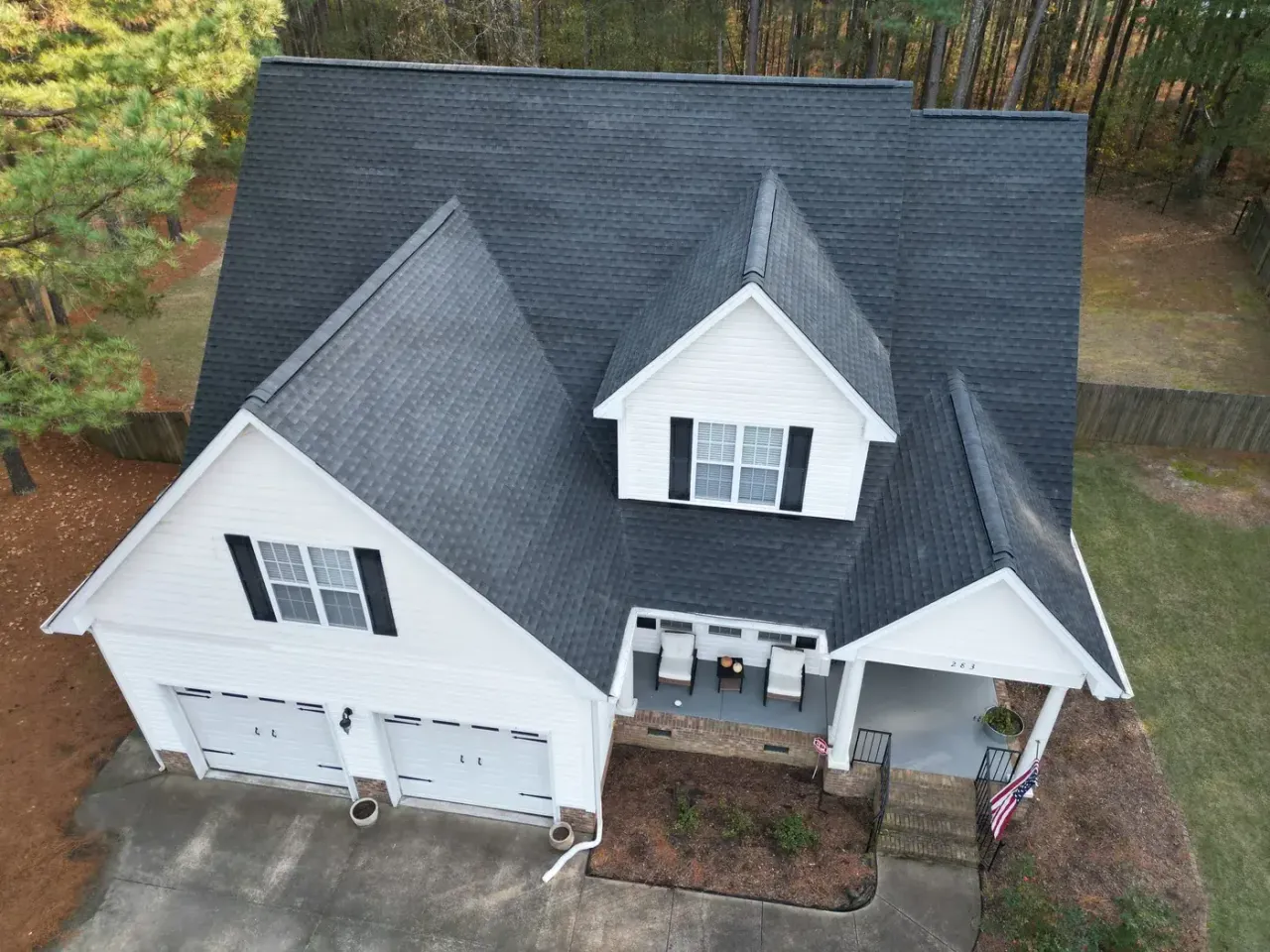 Completed roof replacement with Charcoal GAF Timberline HDZ shingles on Thicket Dr in Angier, NC
