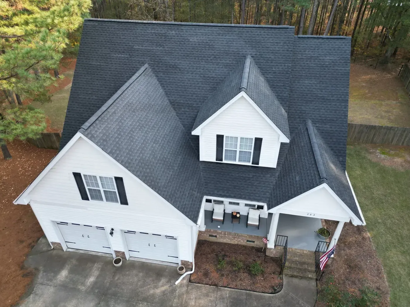 Aerial view of a completed roof inspection and replacement project on Thicket Dr in Angier, NC