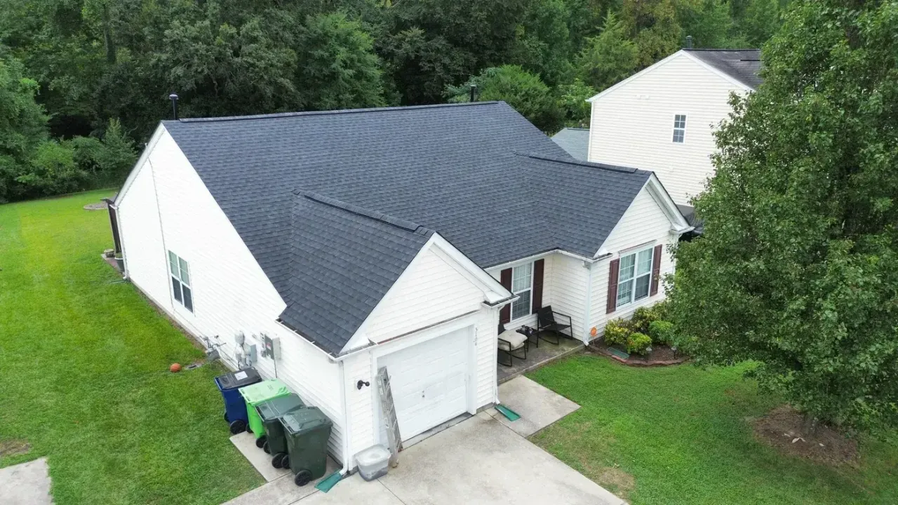 Completed roof replacement with Charcoal GAF Timberline HDZ shingles on Tuckland Rd in Raleigh, NC