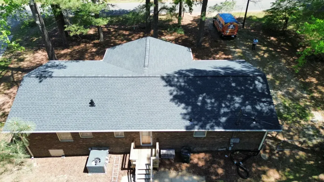 Completed roof replacement with Charcoal GAF Timberline HDZ shingles on Tyonek Dr in Durham, NC