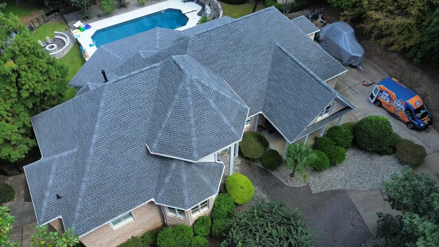 Completed On Tops Roofing project on Vista Dell Lago Ln in Wake Forest, NC with new GAF Timberline Ultra HDZ Pewter Gray architectural shingles