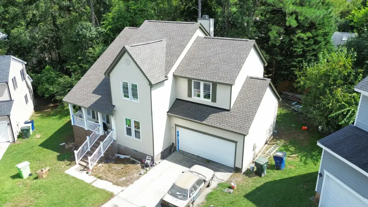 Completed roof replacement with Weathered Wood GAF Timberline HDZ shingles on Wildoat Pl in Raleigh, NC